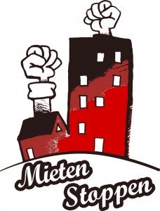 schwarz rote Häuser mit Faust auf dem Dach und "Mieten Stoppen" als Schriftzug